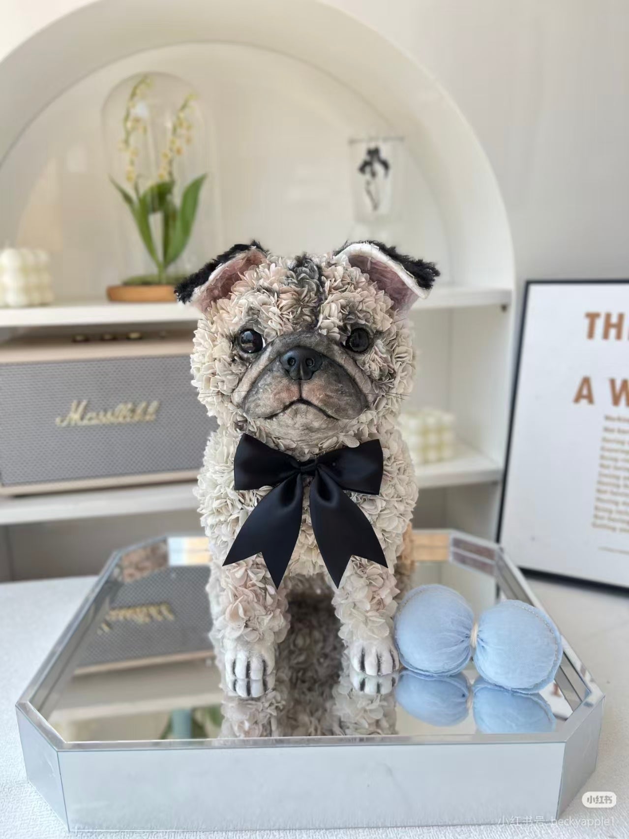 Personalized dog memorial sculpture made with preserved flowers