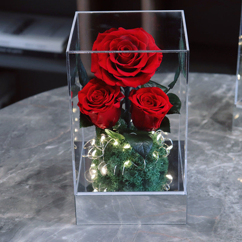 Classic red three preserved roses arrangement, mirror acrylic base with LED string lights, everlasting flower romantic anniversary gift for her