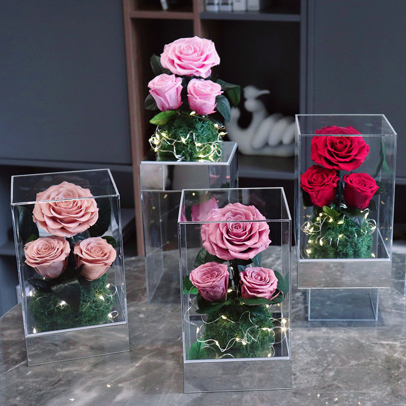 Three preserved roses mirror acrylic box with warm LED fairy lights, forever rose gift in dusty pink and classic red, luxury table home decor