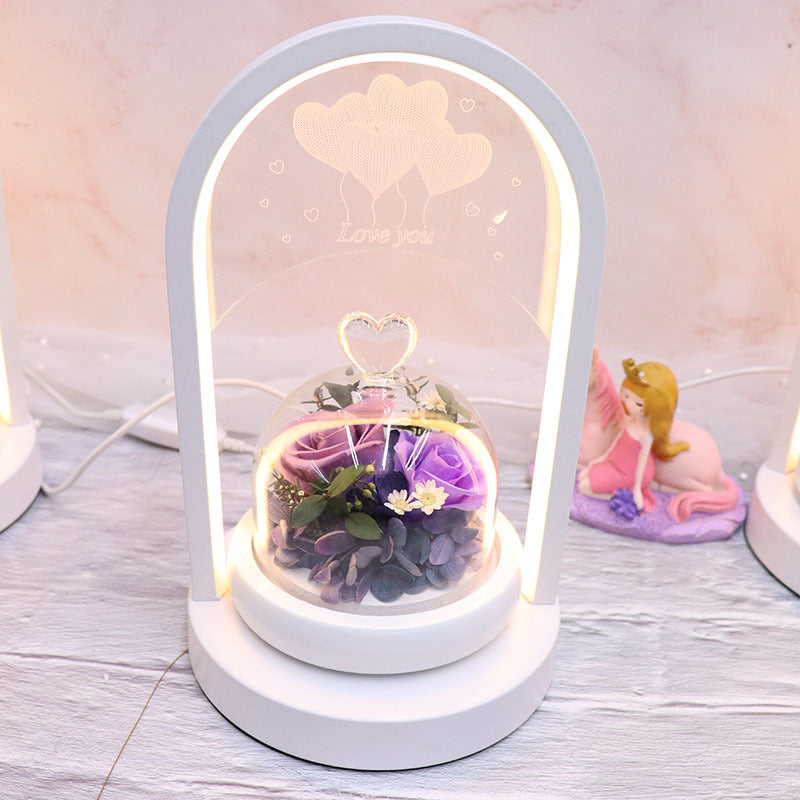 Rotating heart glass dome table lamp with eternal preserved rose warm LED night light