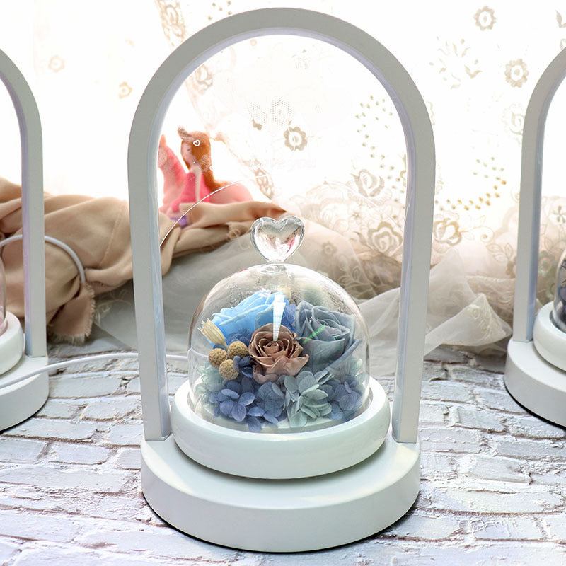 Rotating heart glass dome table lamp with eternal preserved rose warm LED night light