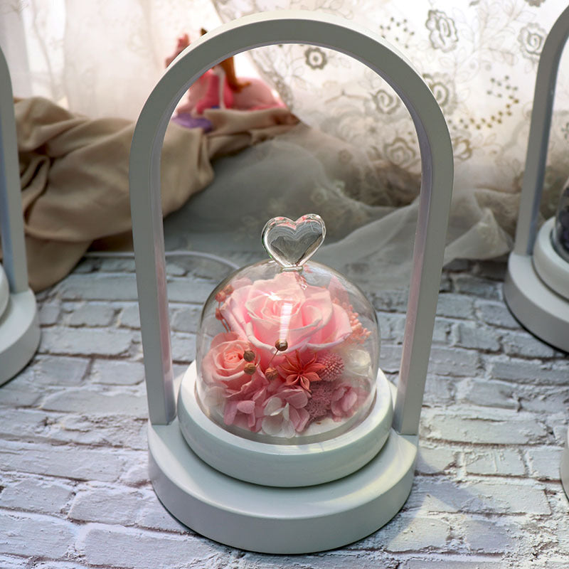 Rotating heart glass dome table lamp with eternal preserved rose warm LED night light
