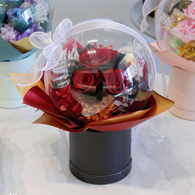 Classic Red Eternal Rose Bobo Ball Flower Bucket Valentine Romantic Gift Box