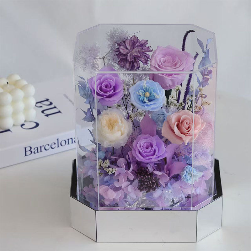 Mixed Color Preserved Real Rose Octagonal Clear Acrylic Box, Eternal Flower Arrangement Gift