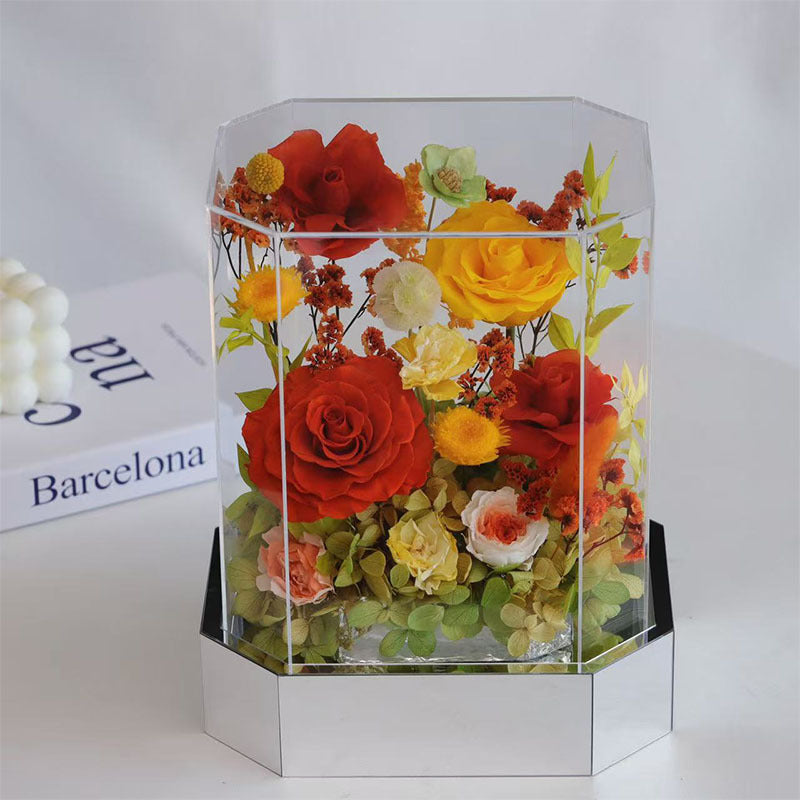 Mixed Color Preserved Real Rose Octagonal Clear Acrylic Box, Eternal Flower Arrangement Gift