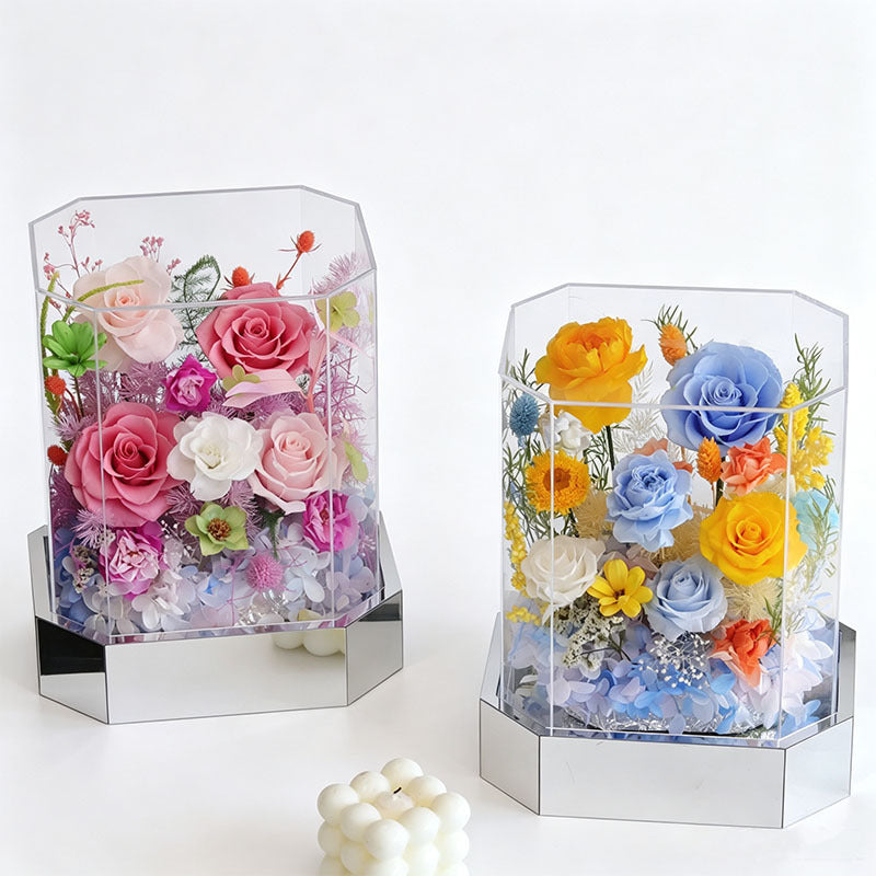 Mixed Color Preserved Real Rose Octagonal Clear Acrylic Box, Eternal Flower Arrangement Gift