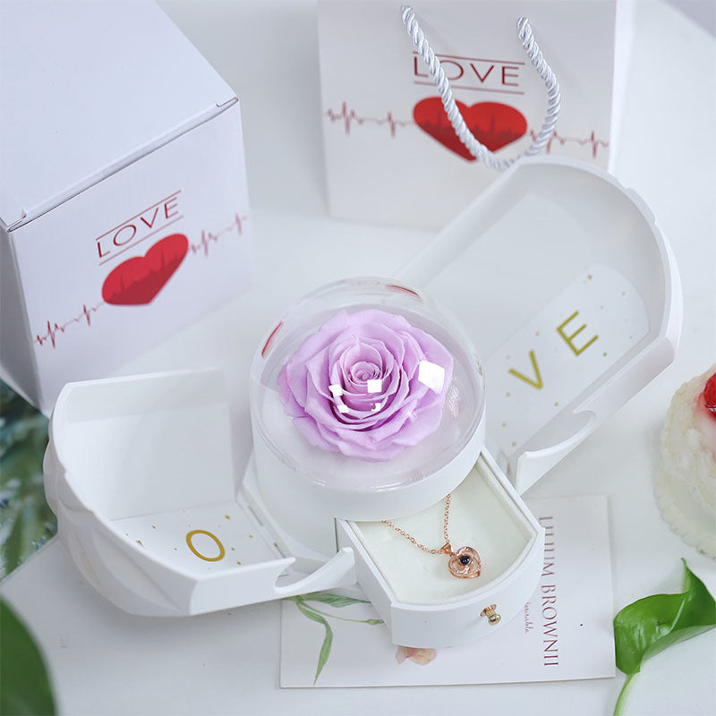 Preserved rose jewelry box with hidden velvet compartment for necklace ring anniversary gift