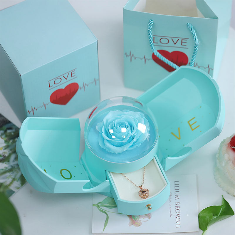 Double open LOVE preserved rose jewelry box eternal rose necklace ring storage proposal gift box