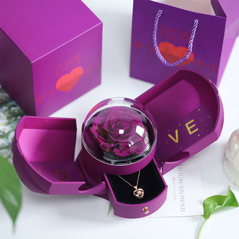 Preserved rose jewelry box with hidden velvet compartment for necklace ring anniversary gift
