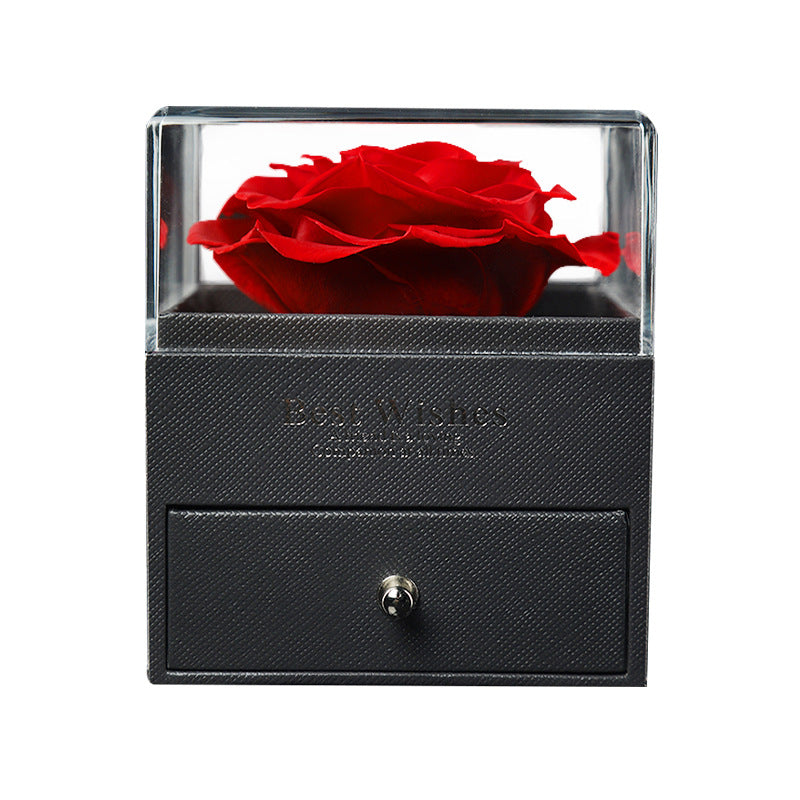 Black acrylic preserved rose jewelry box with red rose and hidden jewelry drawer, proposal gift