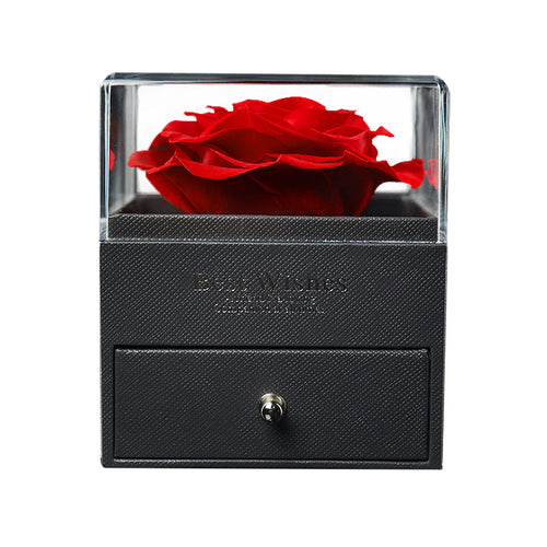 Black acrylic preserved rose jewelry box with red rose and hidden jewelry drawer, proposal gift