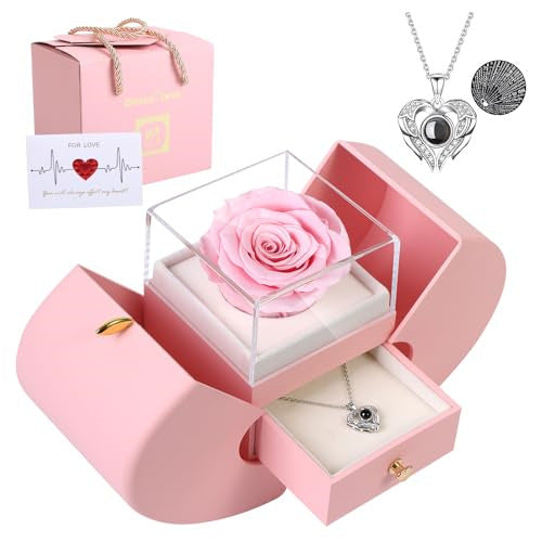 Blush pink forever rose heart jewelry box with pink preserved rose, silver rose necklace, card and gift bag Christmas gift