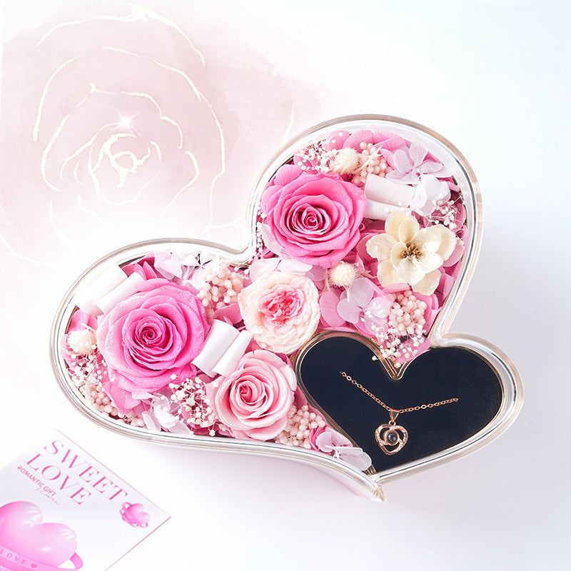 Blush and white infinity double heart rose flower box with baby breath and secret jewelry drawer