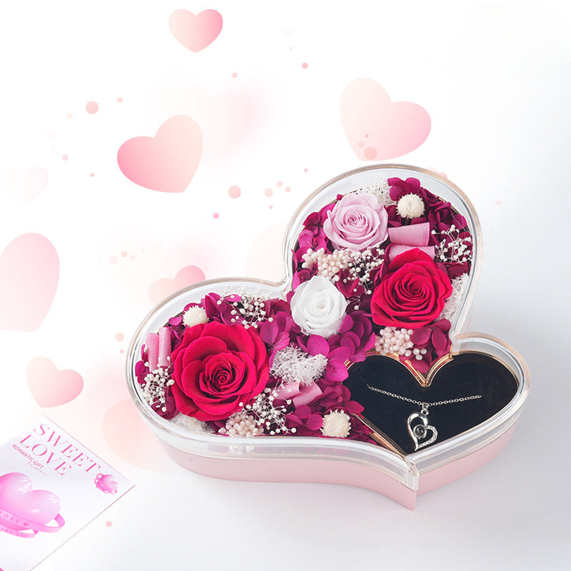 Burgundy and pink double heart forever rose flower box arrangement with hidden jewelry compartment
