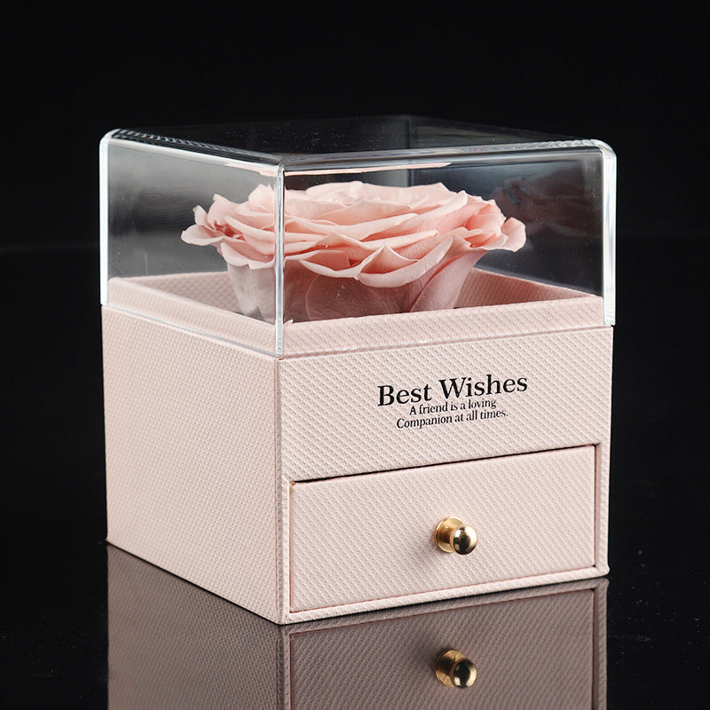 Card pink acrylic forever rose jewelry box with pink preserved rose and gift bag, romantic gift2