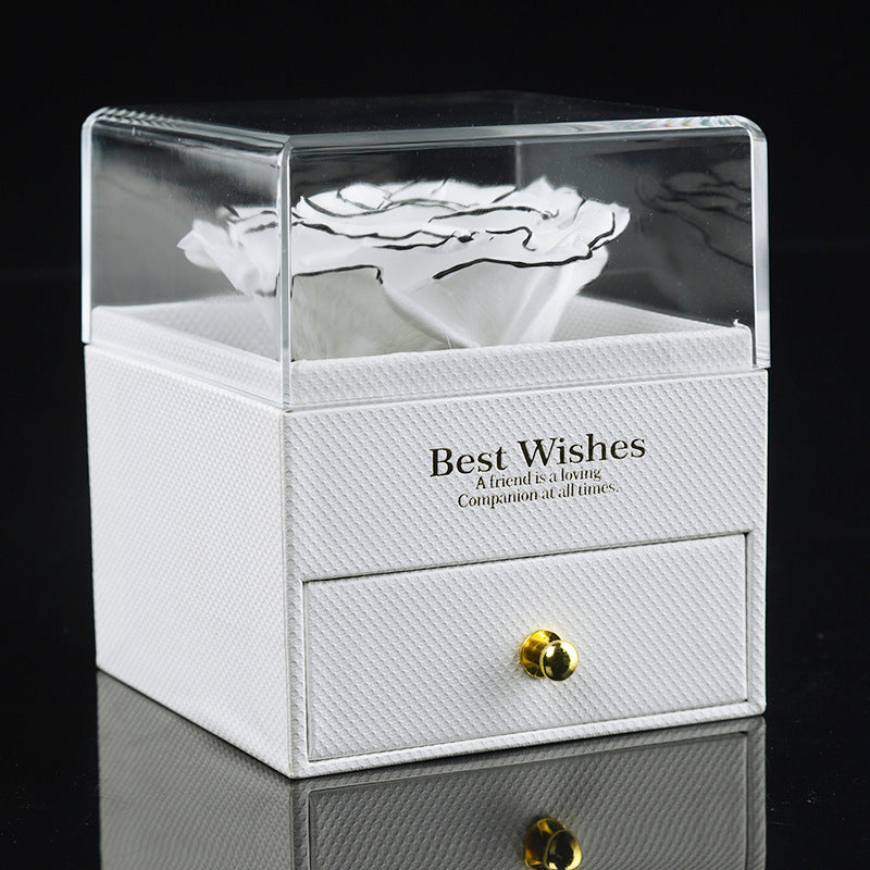 Chanson white acrylic preserved rose jewelry box with white rose and metal drawer knob