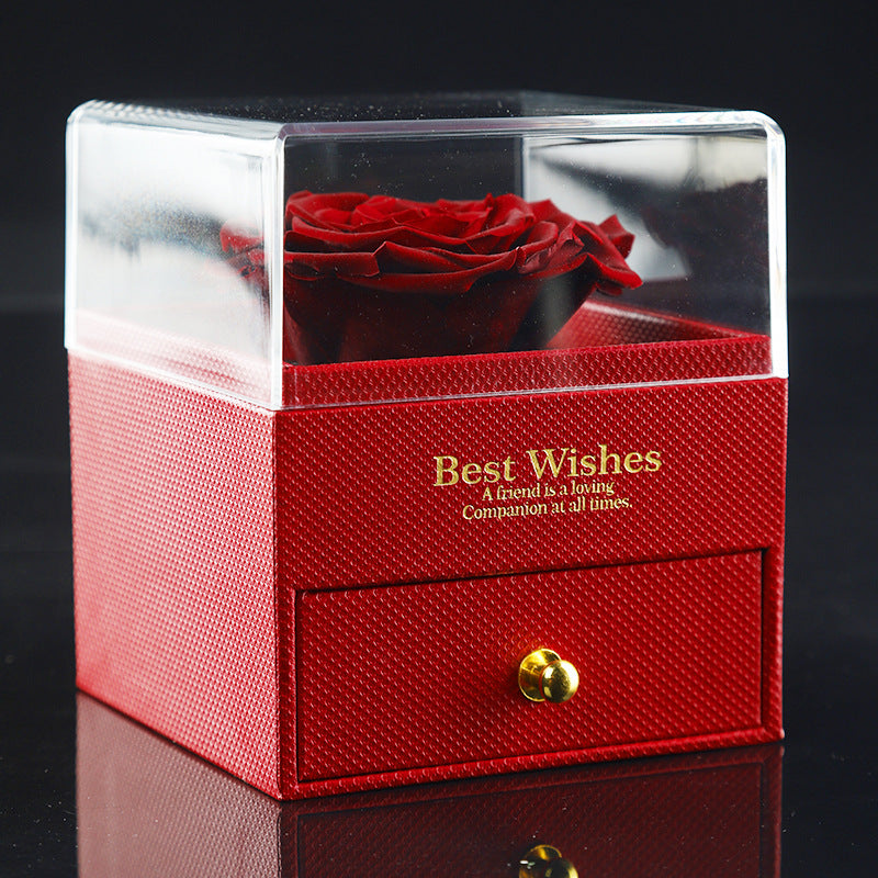 Claret red acrylic preserved rose jewelry box with deep red rose and jewelry drawer compartment