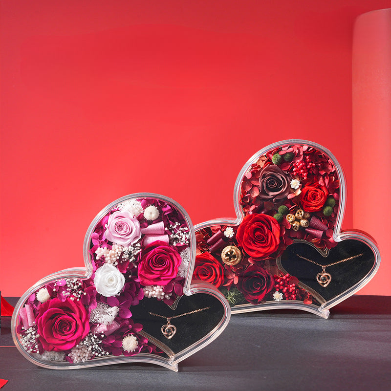 Classic red double heart preserved rose flower box with black jewelry drawer, Valentine's Day gift