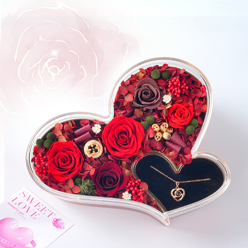 Double heart preserved rose flower box in red with hidden jewelry drawer, romantic gift for her