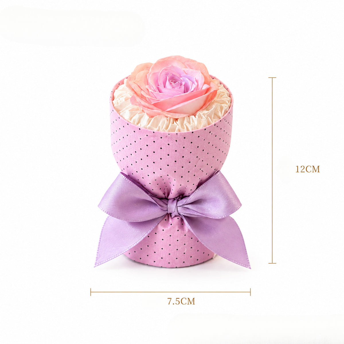 Mini preserved rose bouquet car air freshener with floral printed wrapping paper and purple satin bow, diameter 7.5cm