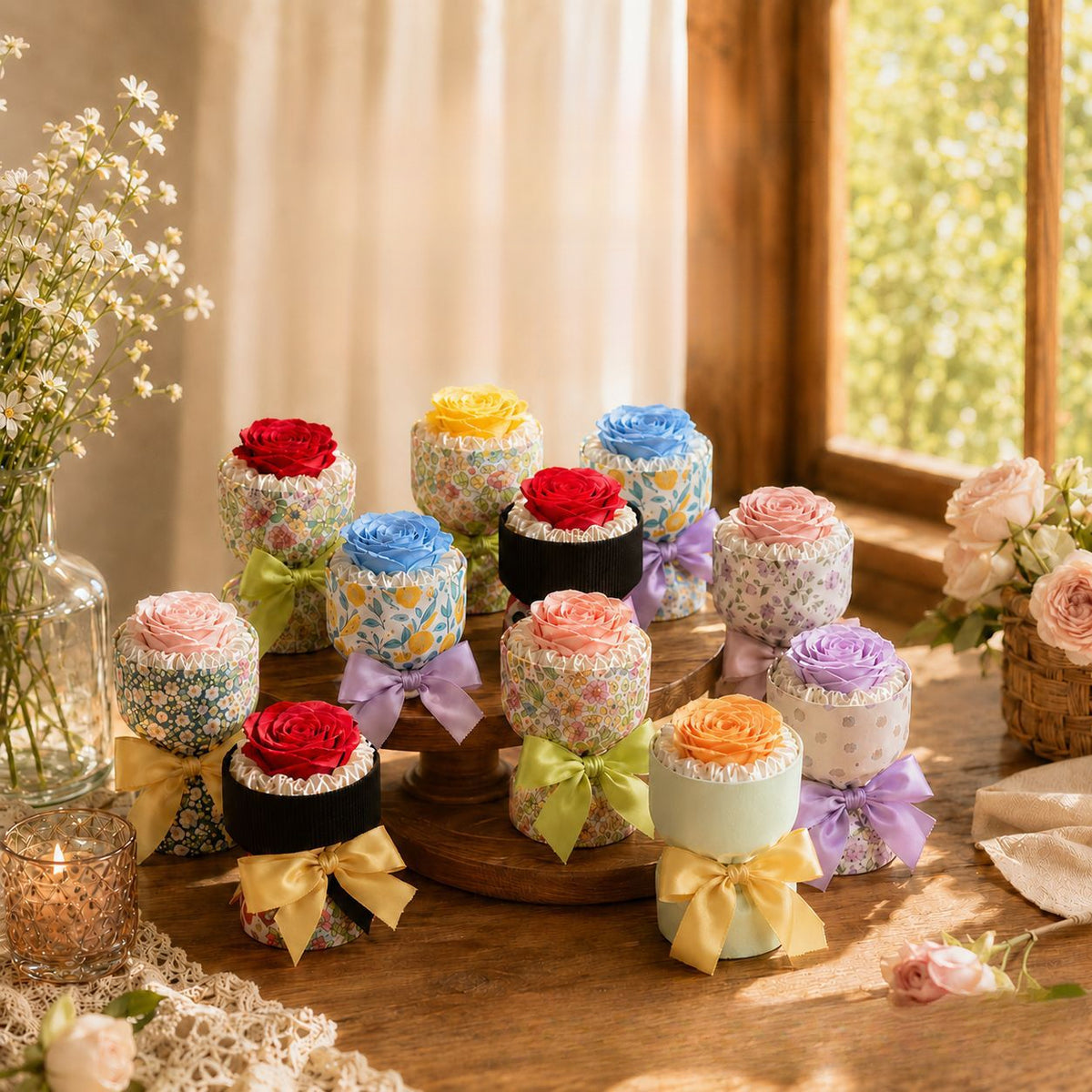 Multi color mini preserved rose car vent air freshener, small wrapped everlasting rose bouquet gift for wedding favor