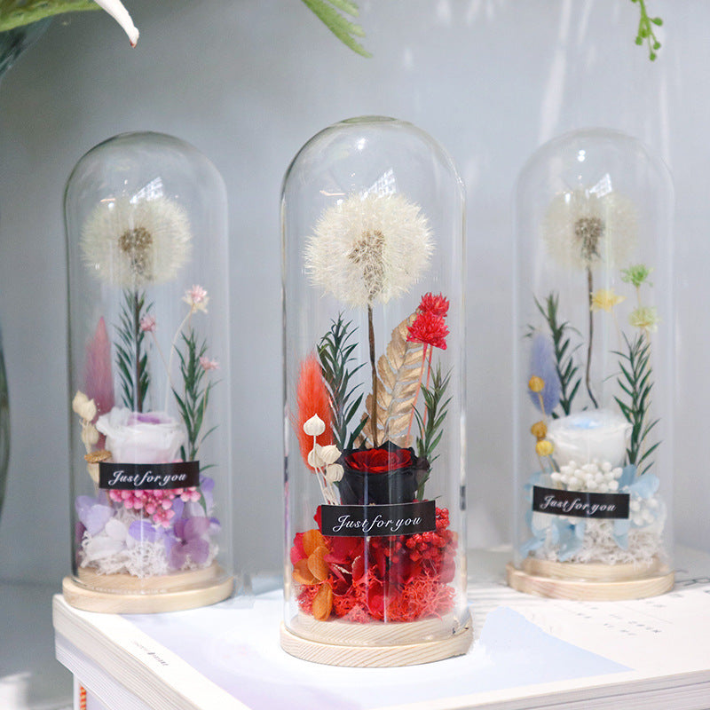 Dusty pink preserved dandelion glass cloche with preserved rose and hydrangea, long lasting flower ornament for anniversary gift