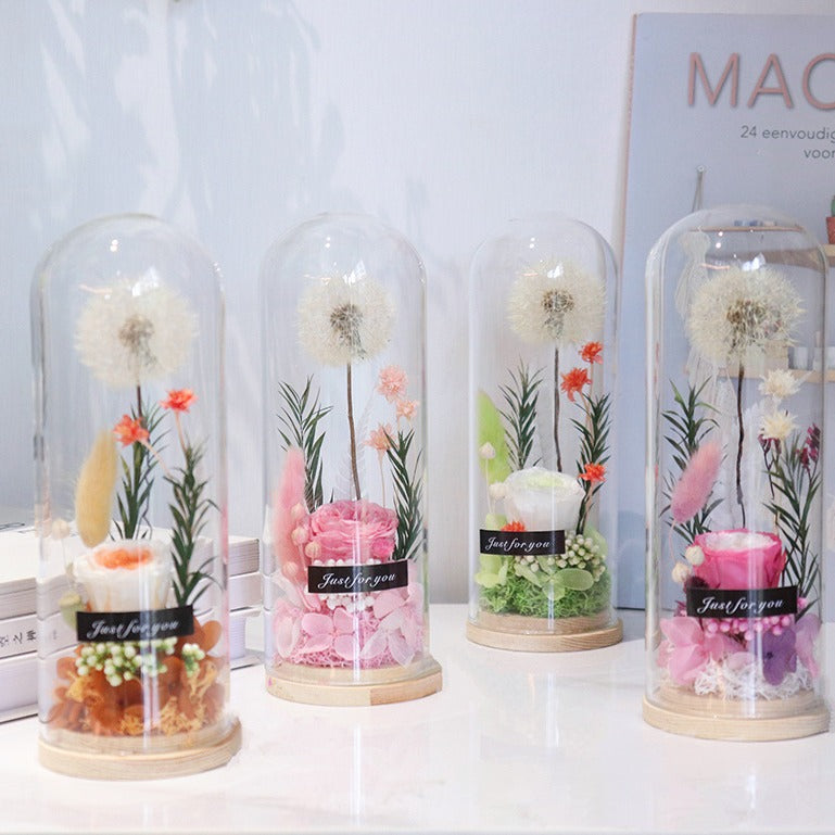 Preserved wishing dandelion glass dome with mixed everlasting flowers, wooden base, multiple color options, forever flower gift for Mother's Day, Valentine, Teacher gift