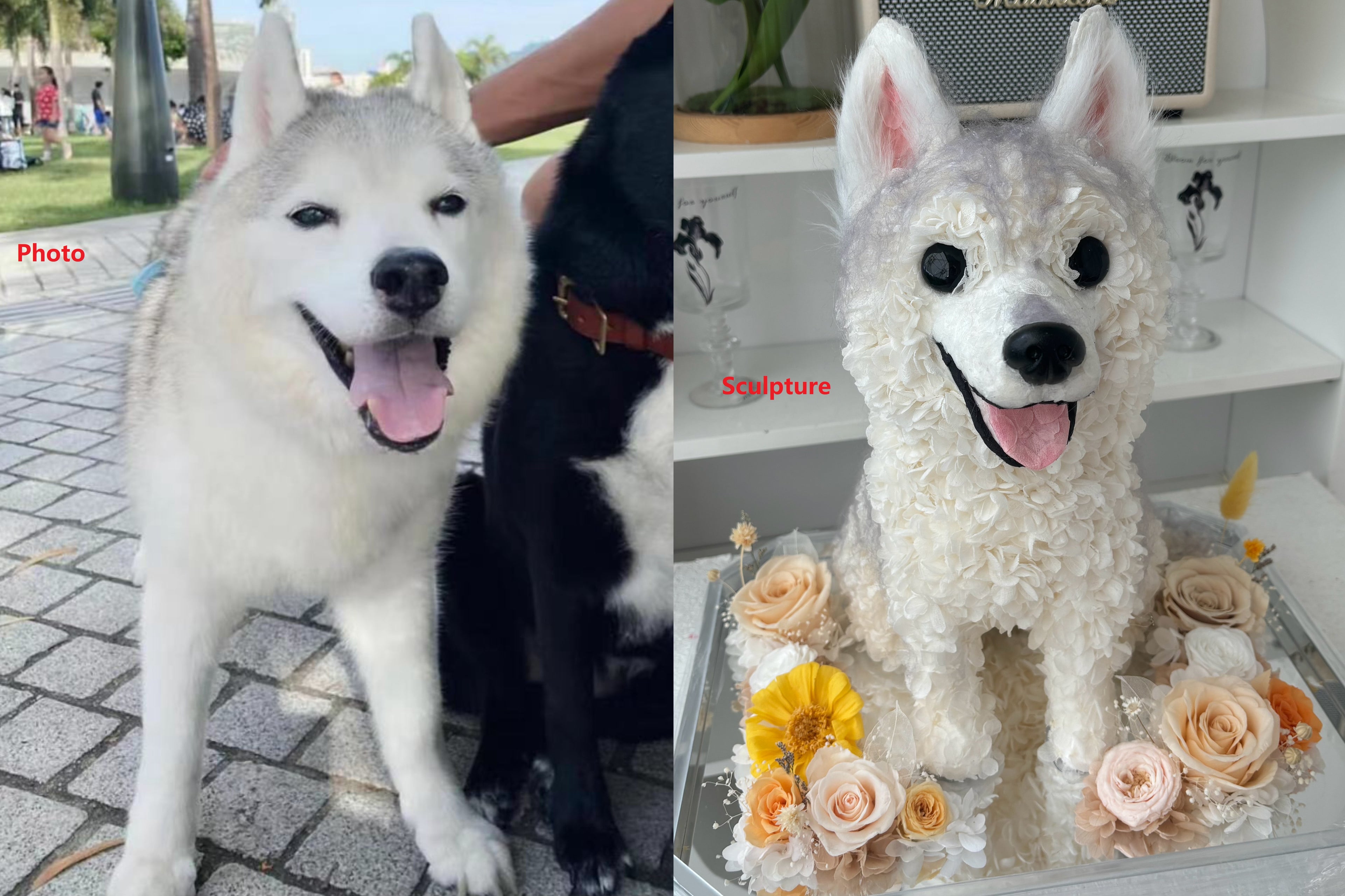 Preserved flower dog figurine memorial gift 