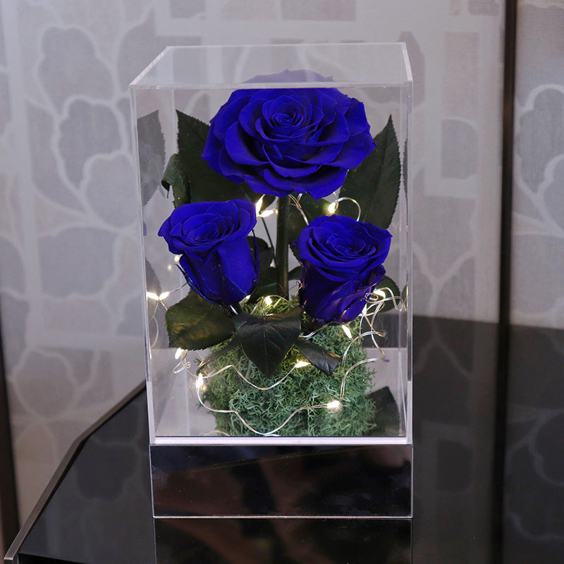 Luxury preserved rose mirror acrylic box with warm LED lights, long lasting eternal rose desktop ornament, women gift for Mother's Day
