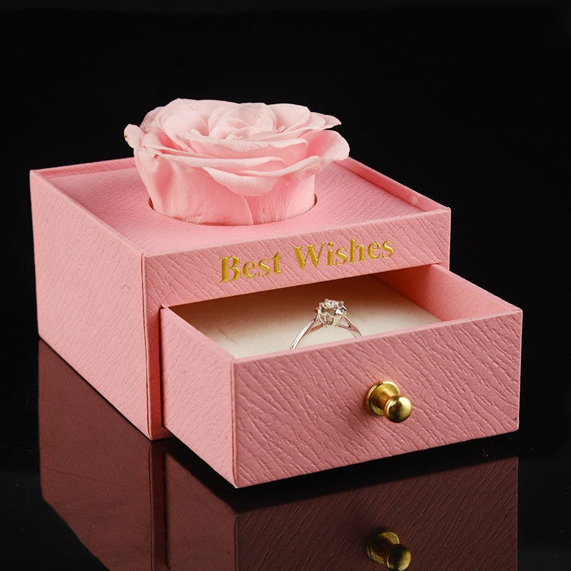 Red acrylic preserved rose jewelry box with drawer and Best Wishes gift bag, 9x9x10.5cm