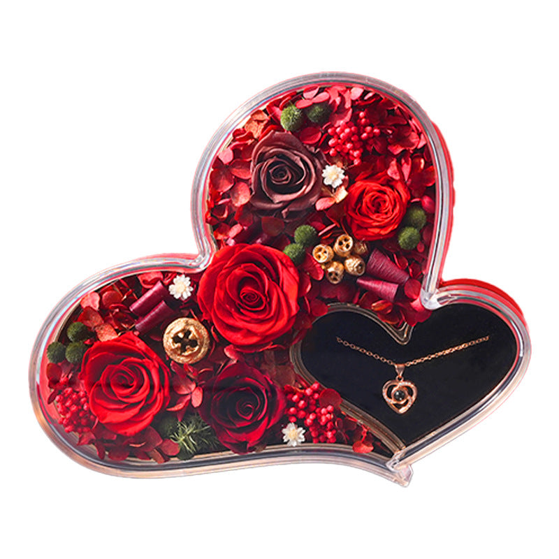 Red infinity double heart rose flower box pulled open jewelry drawer showing romantic surprise gift
