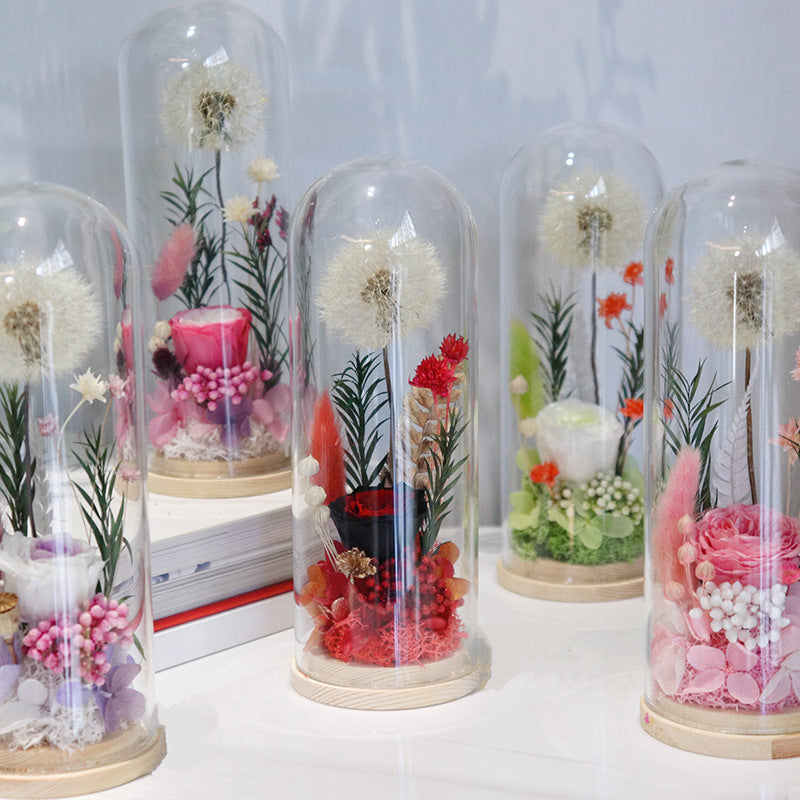Red theme preserved dandelion glass dome, eternal dried flower arrangement on wooden base, romantic desktop home decor gift