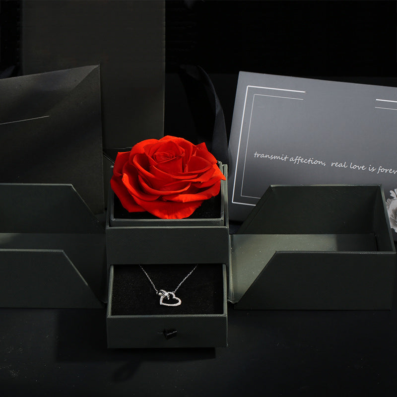 Classic red forever rose in acrylic display box with matte gray pull-out drawer gift